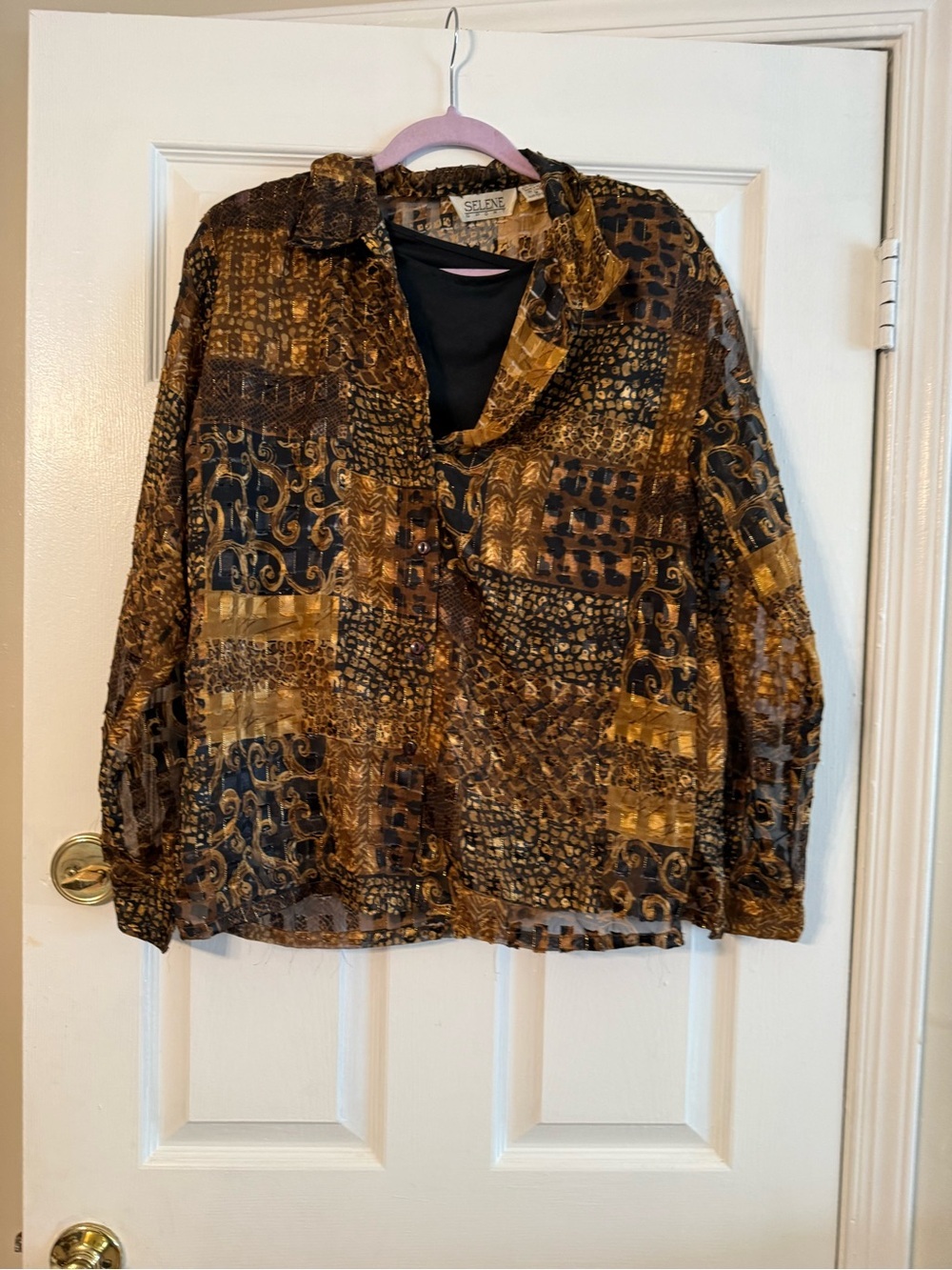 Selene Sport Patchwork Button-Down Shirt in Brown and Black